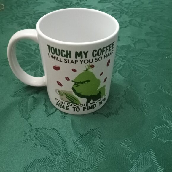 Novelty Grinch mug with suggested act of violence if coffee touched - Picture 1 of 2